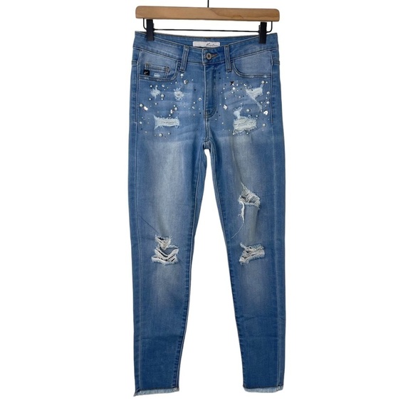 Kancan Skinny Jeans 26 Embellished Pearl High Rise Distressed Stretch Denim - Picture 1 of 11